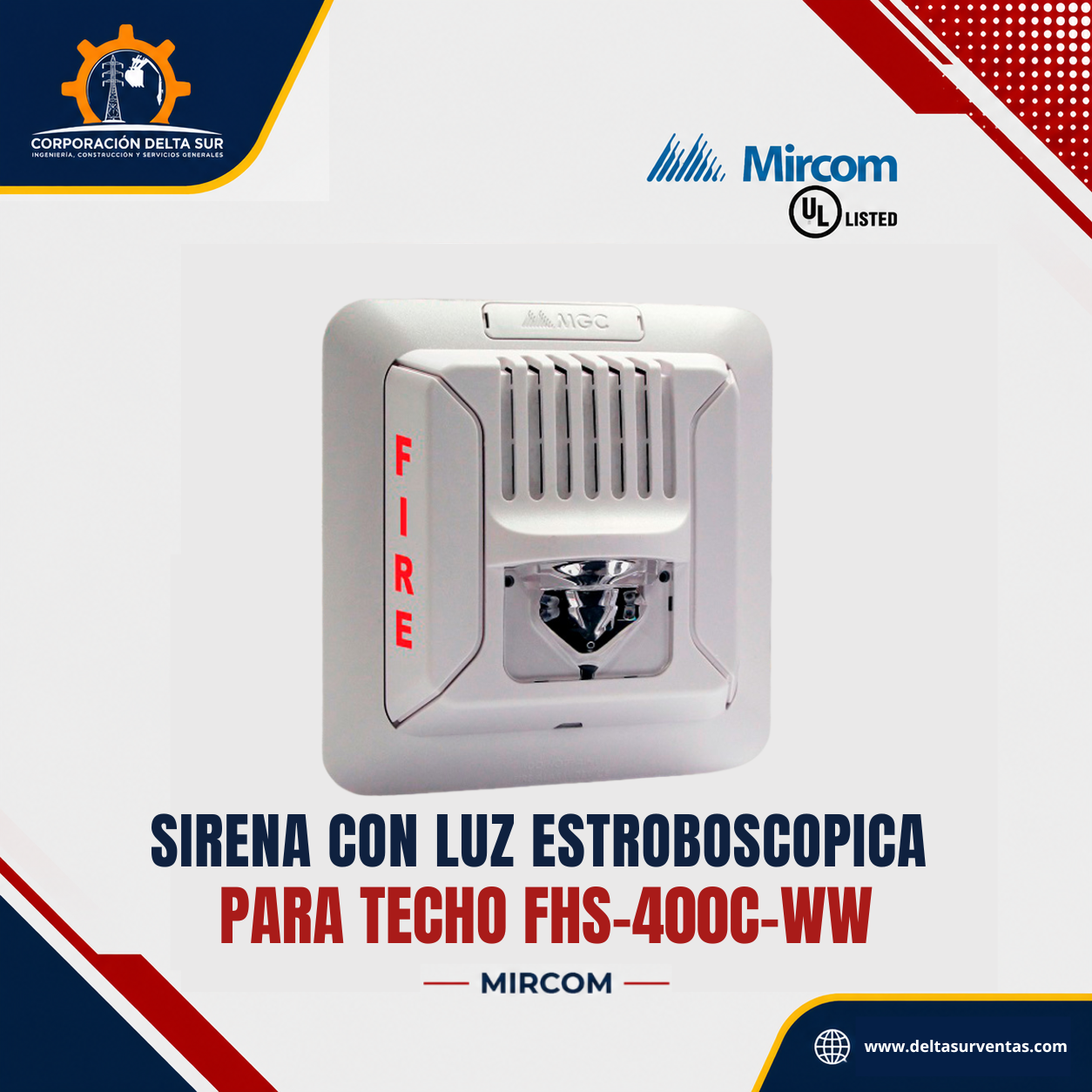 SIRENA CON LUZ ESTROBOSCOPICA PARA TECHO FHS-400C-WW MIRCOM