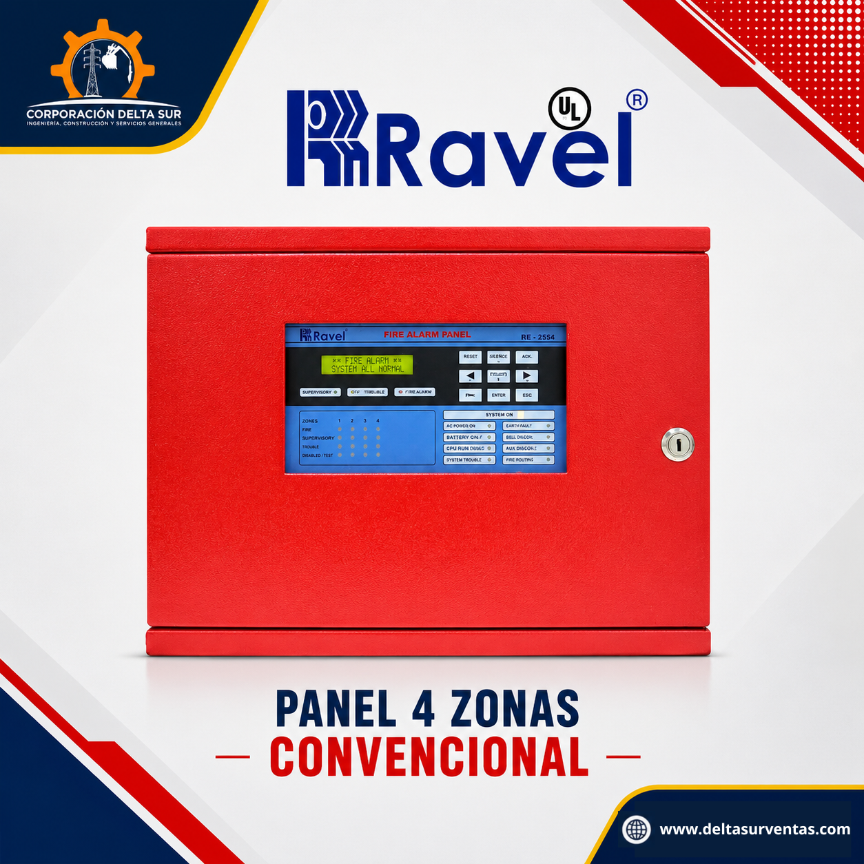 PANEL CONVENCIONAL UL DE 4 ZONAS RAVEL RE-2554